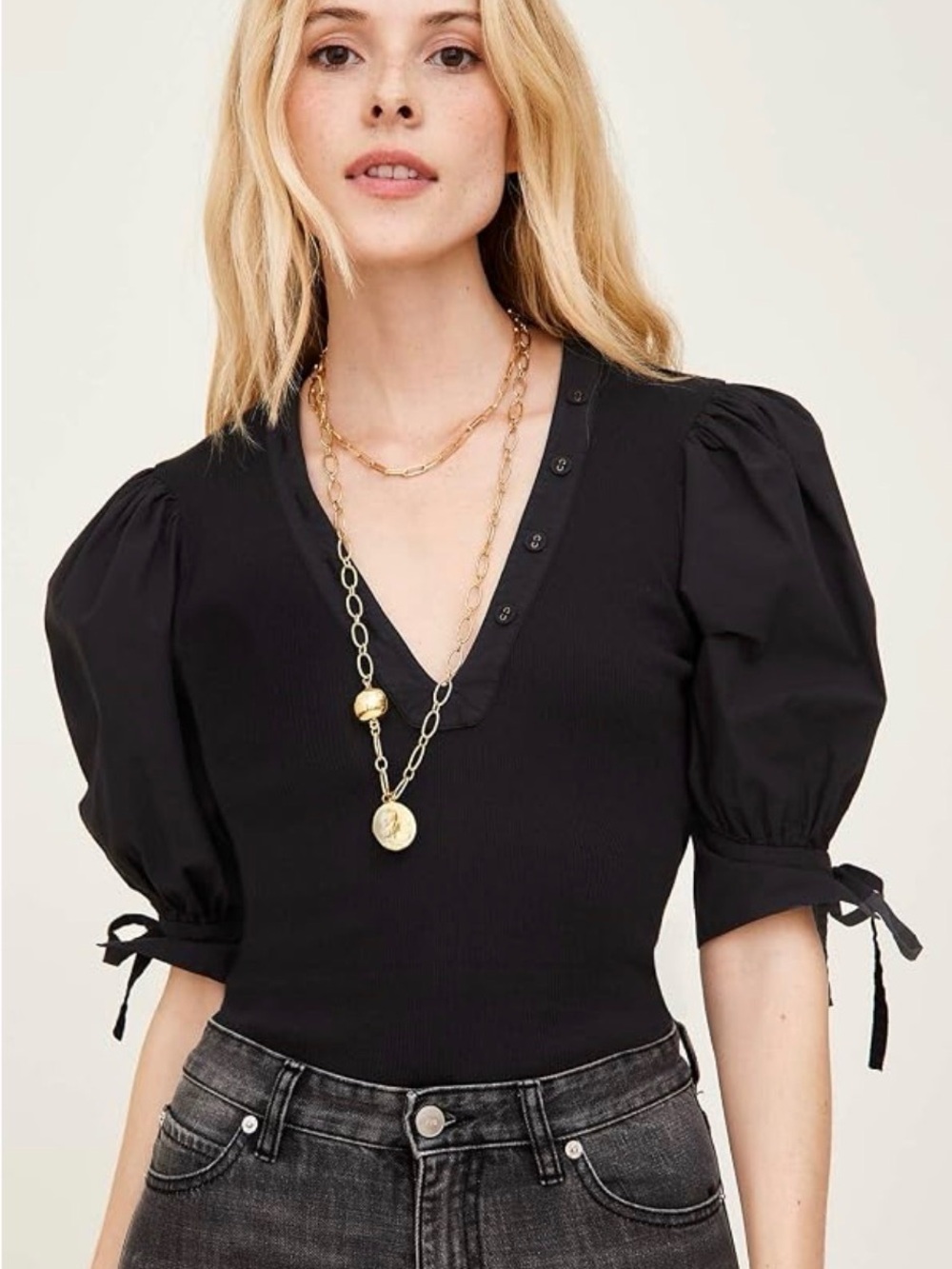 ULLA JOHNSON Puff Sleeve Ribbed Blouse Black XL (Fits more like a Large)